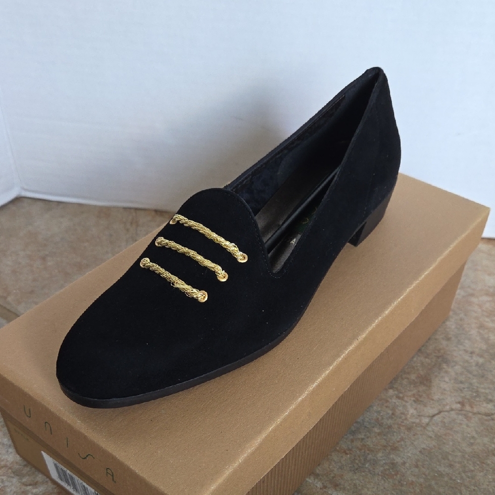 Unisa Women's Black Suede Loafers with Gold Accents